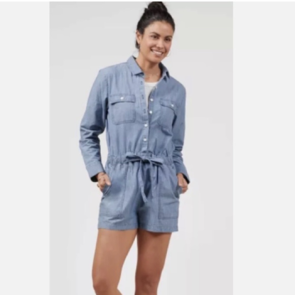 Outerknown Benson Chambray Denim Organic Cotton Jumpsuit $188 Shortall Blue M